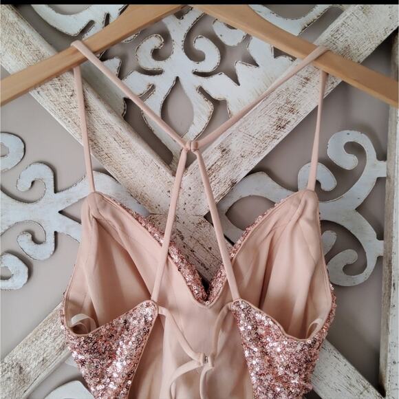 La Femme Women's Drape Neck Sequin Long Gown Low Cut Strappy Back in Rose Gold - Picture 7 of 10